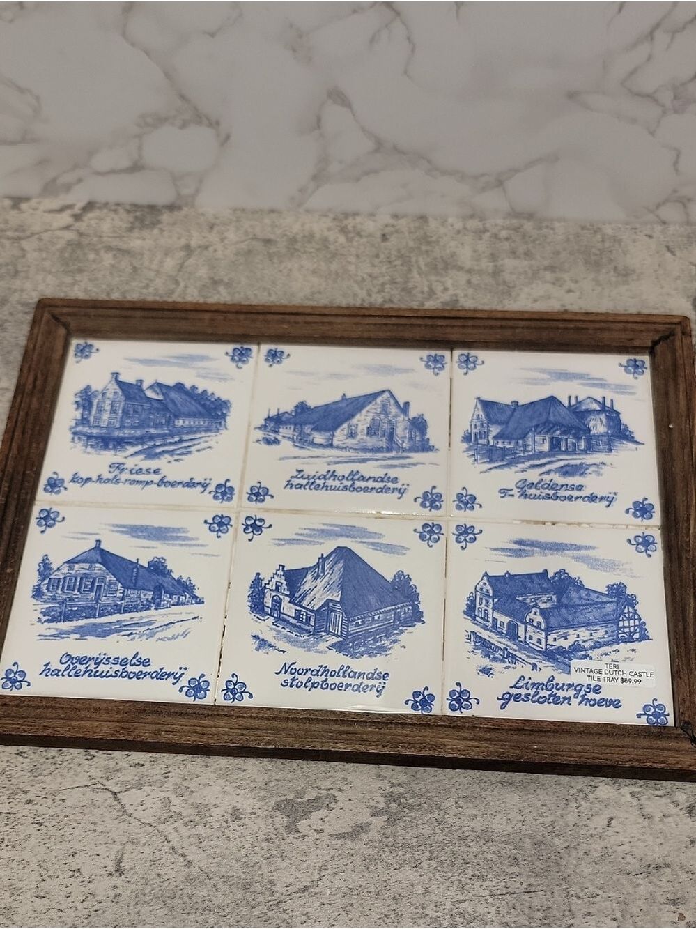 Vintage Dutch Farmouse framed tiles tray delft blue - Picture 6 of 14